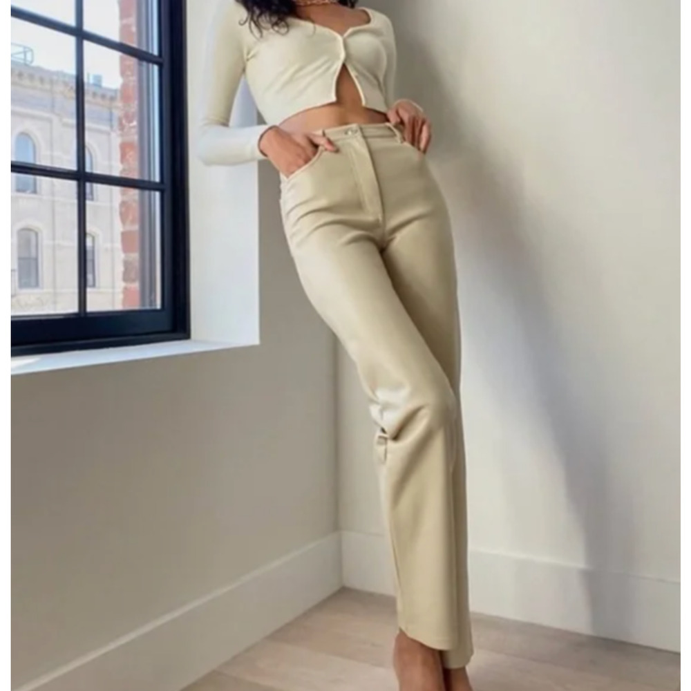 Wilfred The Melina Pant Size 4 Leather Tan Brown Straight Leg High Rise Shiny